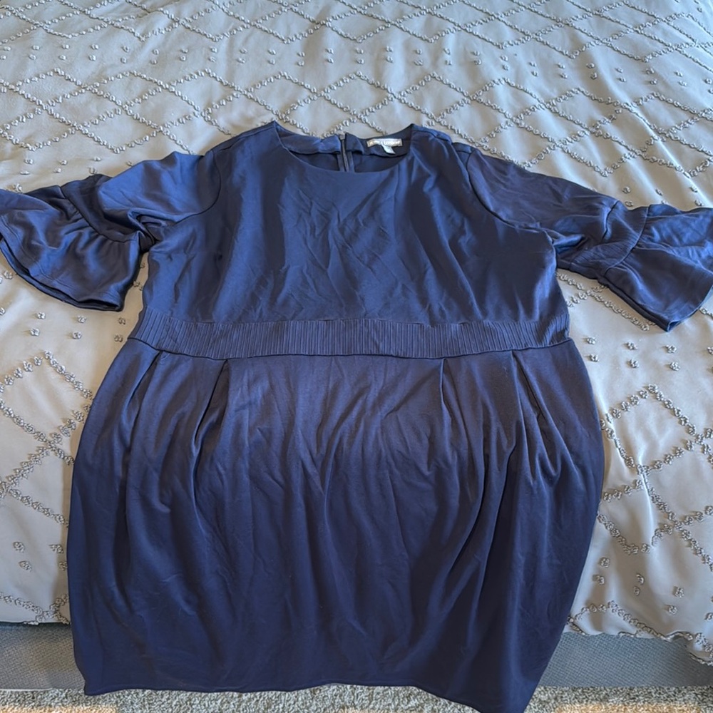 Jessica London Blue Pleated Sheath Dress with Bell Sleeves